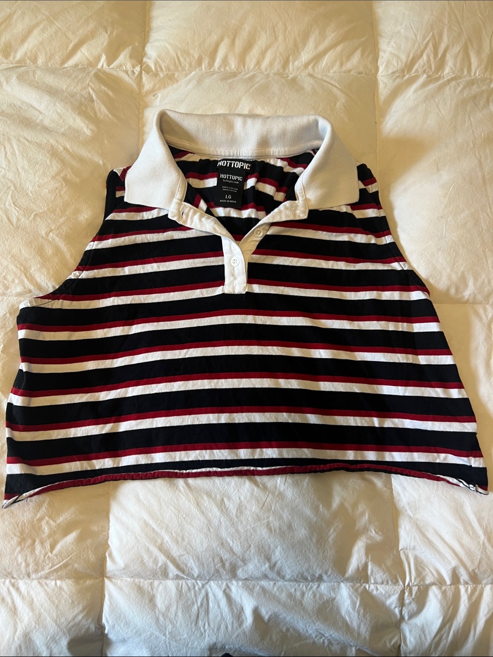 Hot Topic Sleeveless Striped Polo Crop Top - Black, White & Red